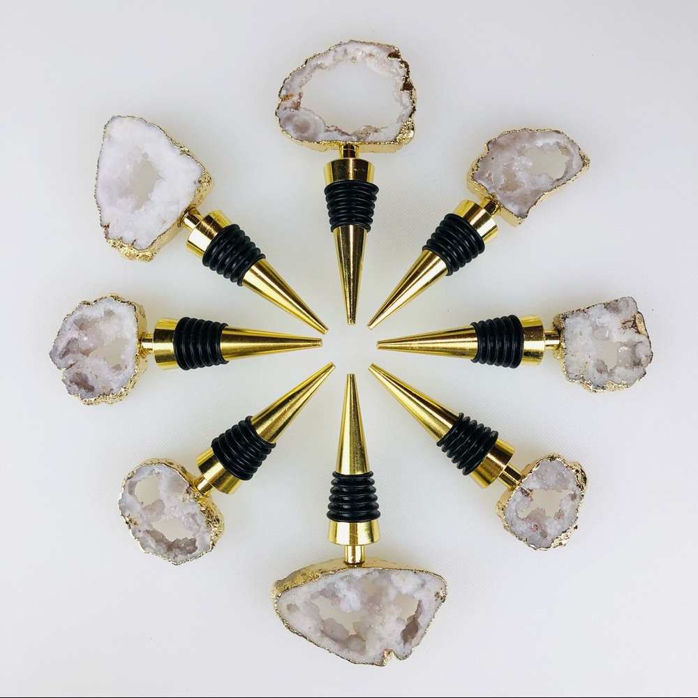 Clear Crystal Quartz Druzy Geode gold plated wine bottle stopper topper stone